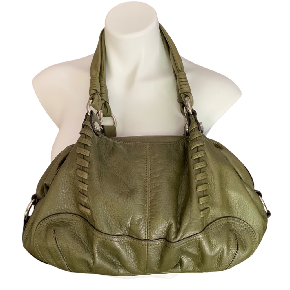 B Makowsky Hobo Style Satchel Soft Leather Animal Print Interior Green Bag